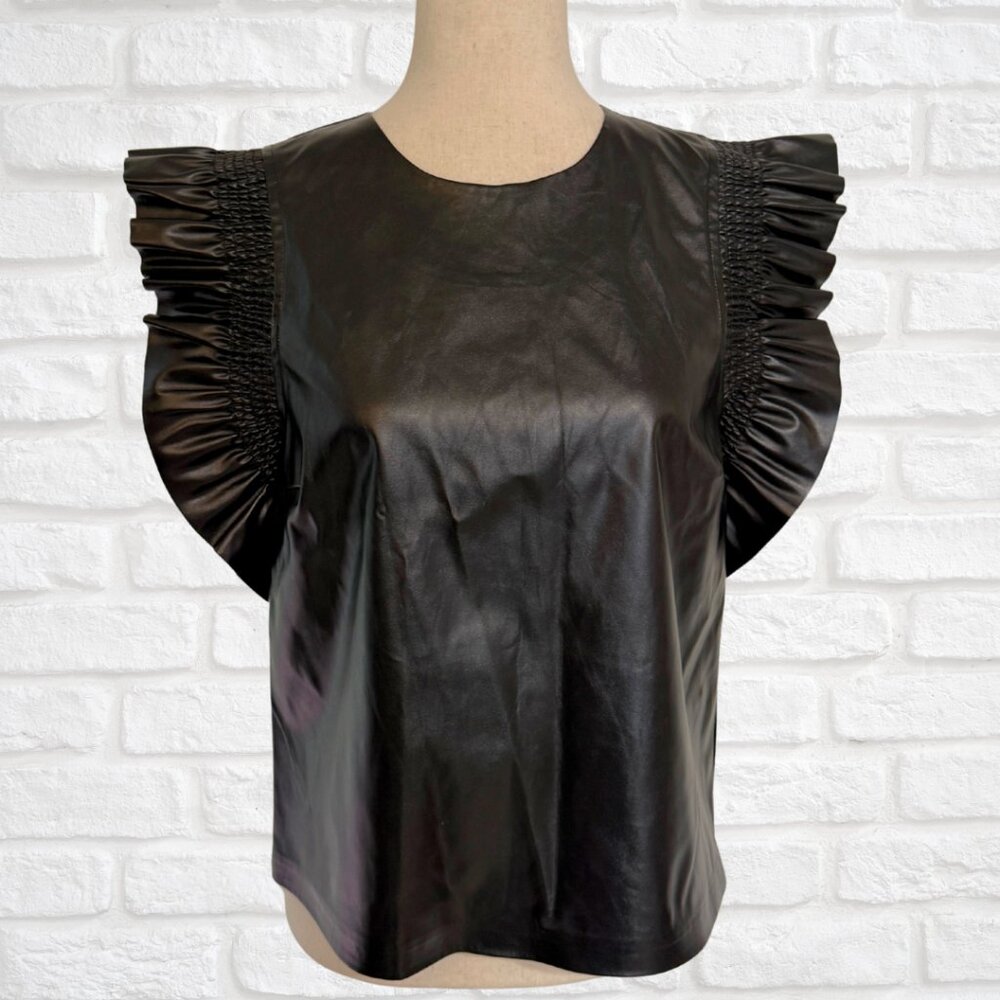 NWT English Factory Faux Leather Top with Statement Sleeves Ruffles Size S